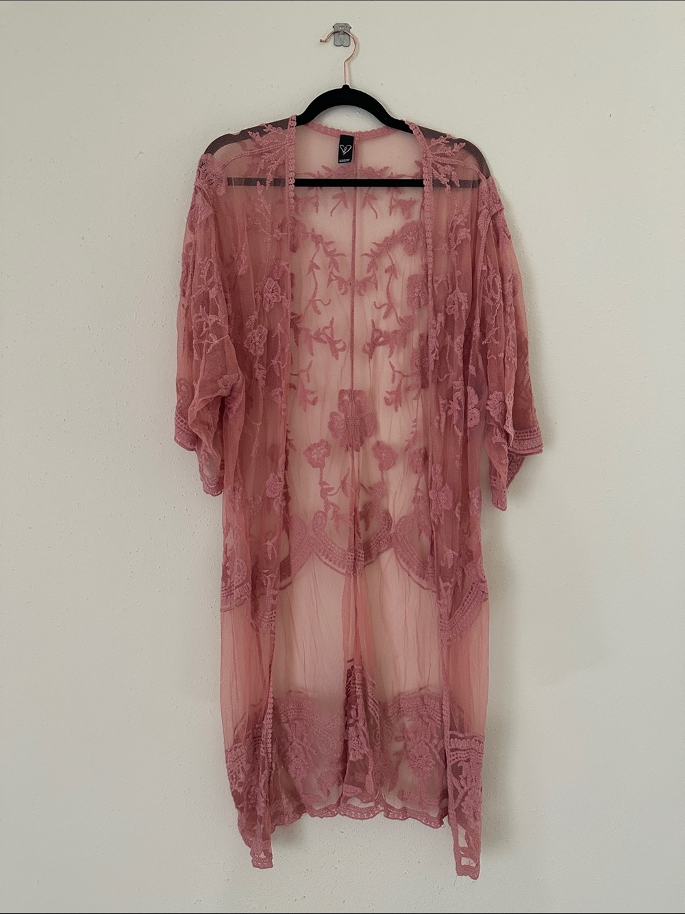 Windsor Dusty Rose Embroidered Sheer Lace Kimono Robe